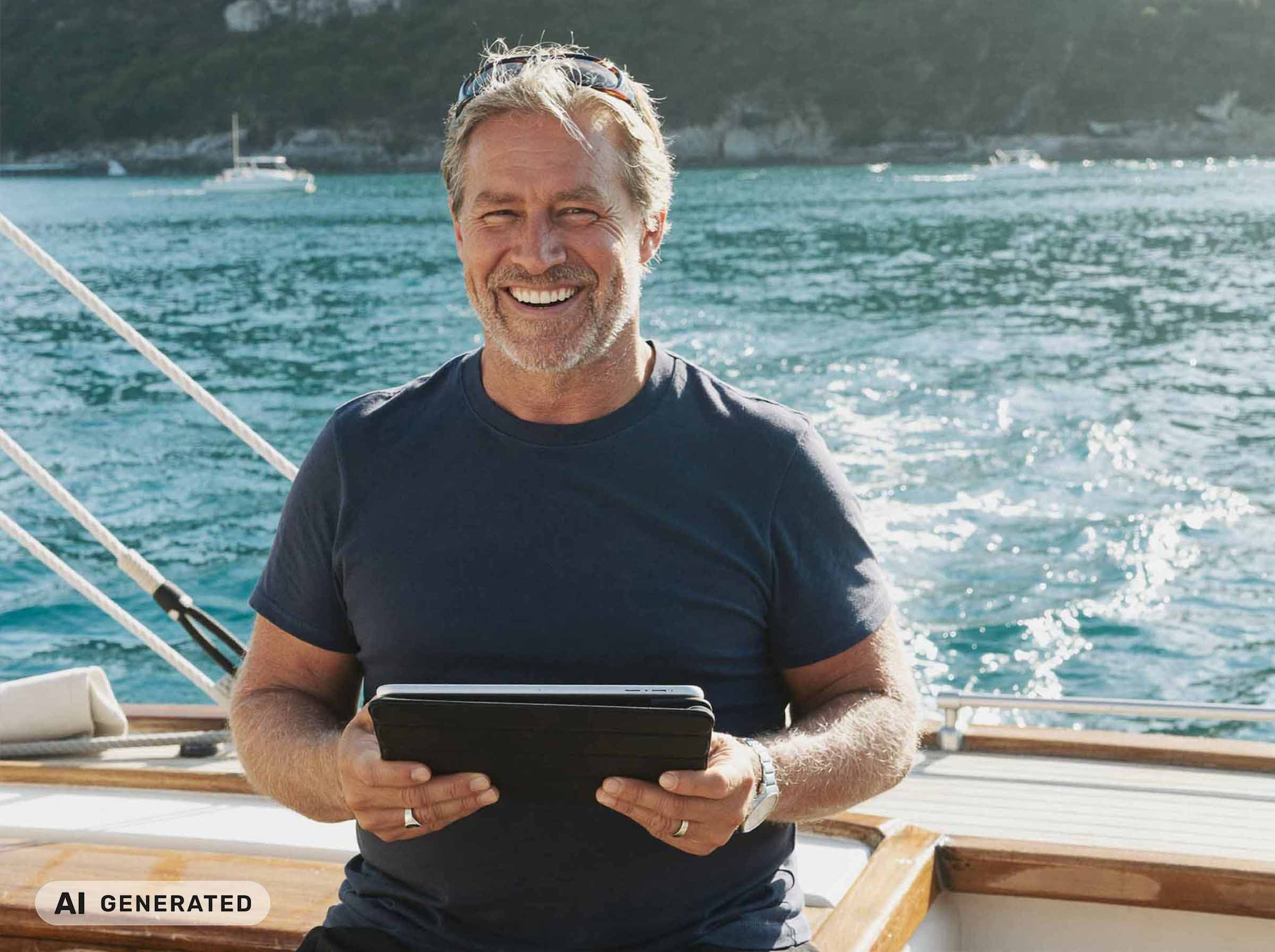 Skipper am Steuer eines Segelboots